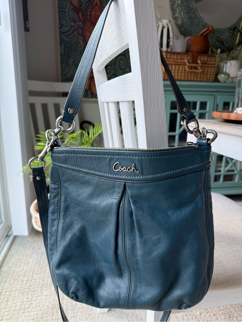 Coach Teal Blue Leather Shoulder Bag with Silver Hardware